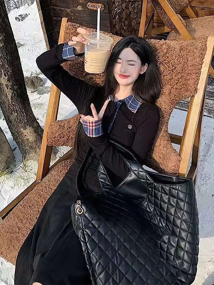 Preppy Polo Neck Knit Long sleeve T shirt Women False 2 Piece Korean Fashion Plaid Top V neck Basic Blouses Tees 2025 New