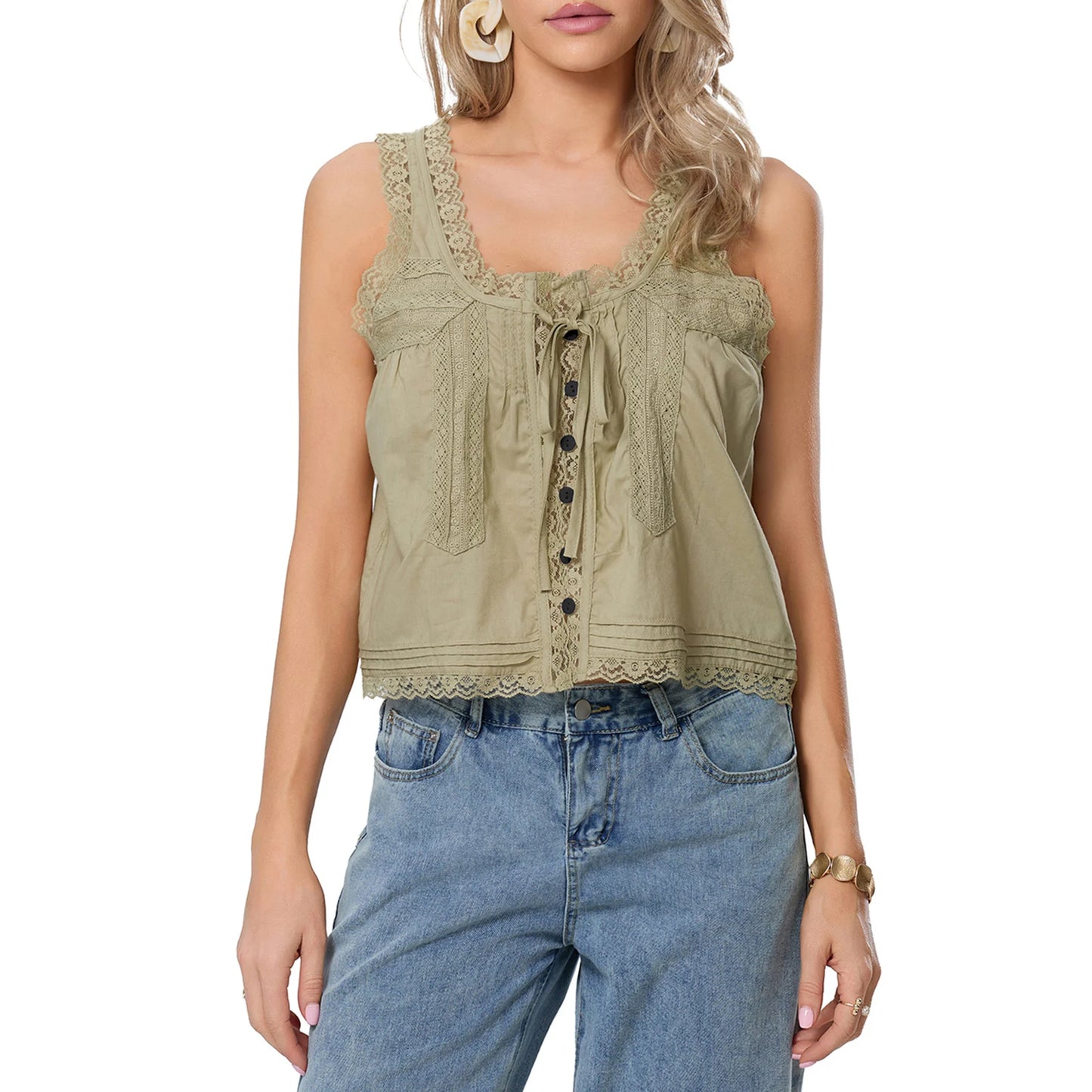 Spaghetti Strap Mesh Flowy Lace Trim Crop Top for Women