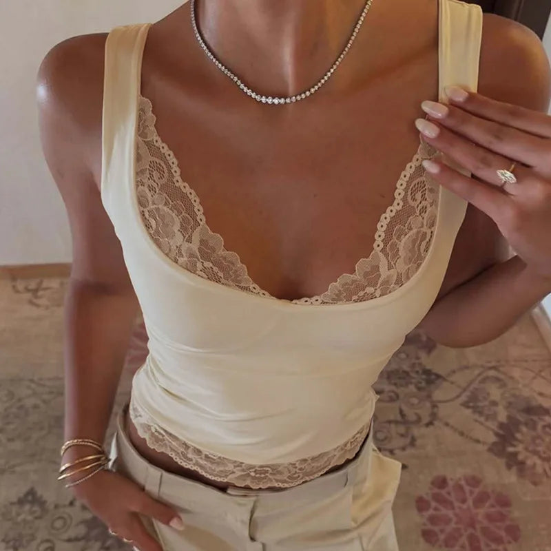 Square Collar Backless Lace Knit Tank Top for Women