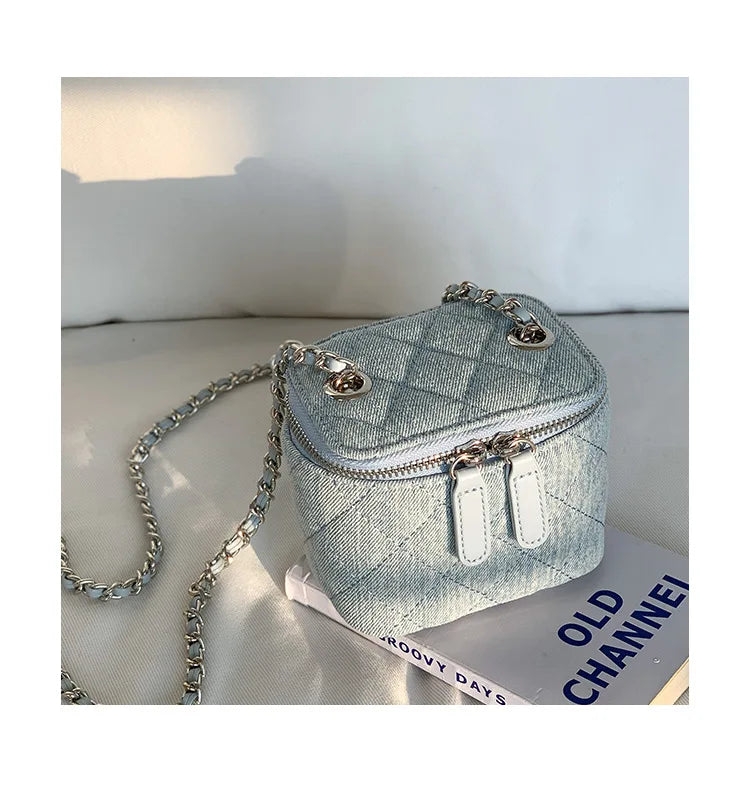 Mini Denim Crossbody Bag with Chain Strap for Women