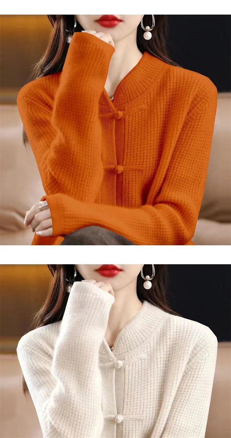 Vintage Knitted Cardigan Women's Thickened Half High Collar frog Loose Slim Sweater Coat Chinese Style Top Autumn And Winter N