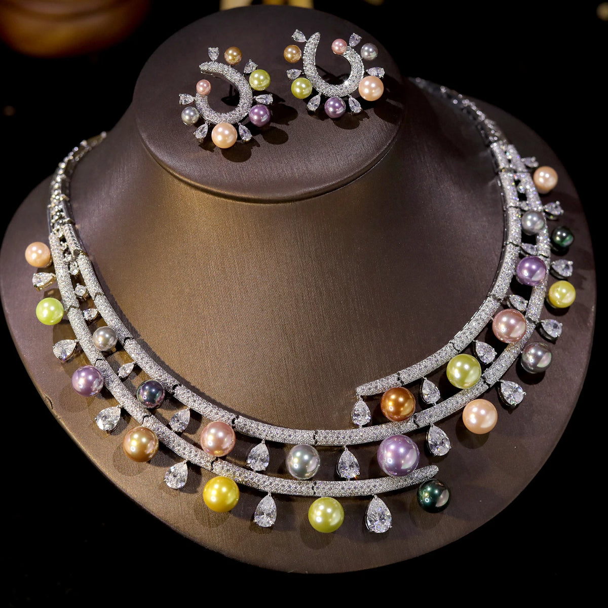 Pearl And Crystal Floral Rhinestone Jewelry Set For Women