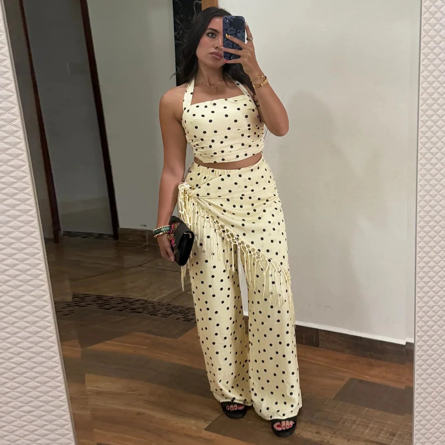 Polka Dot Print Halter Crop Top Tassel Fringe Two Piece Outfit for Women