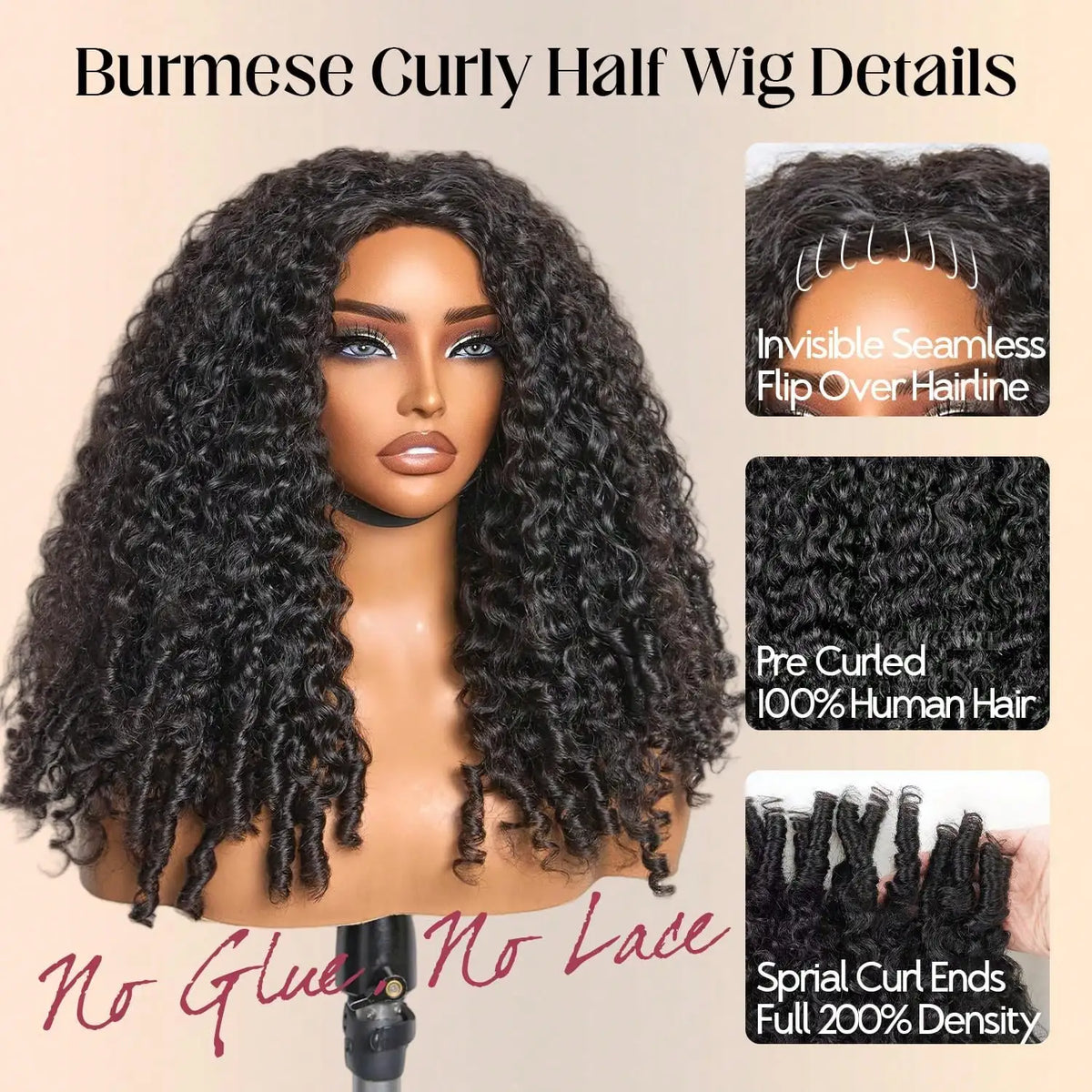 Seamless Curly Human Hair Glueless Half Wig for Women