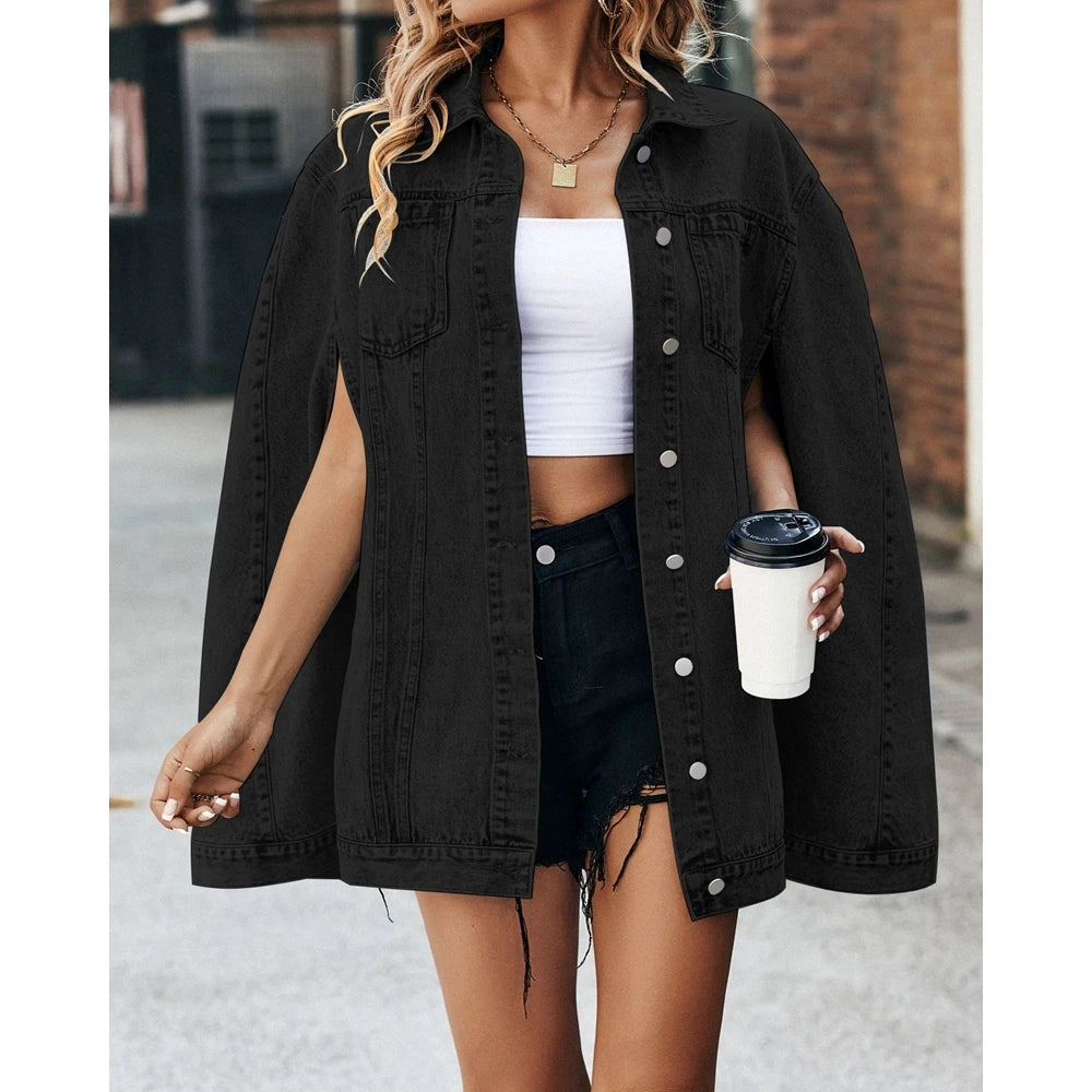 Elegant Women Buttoned Turn-down Collar Denim Coat Femme Fashion Cut Out Sleeveless Pocket Design Loose Jackets Autumn Outfits
