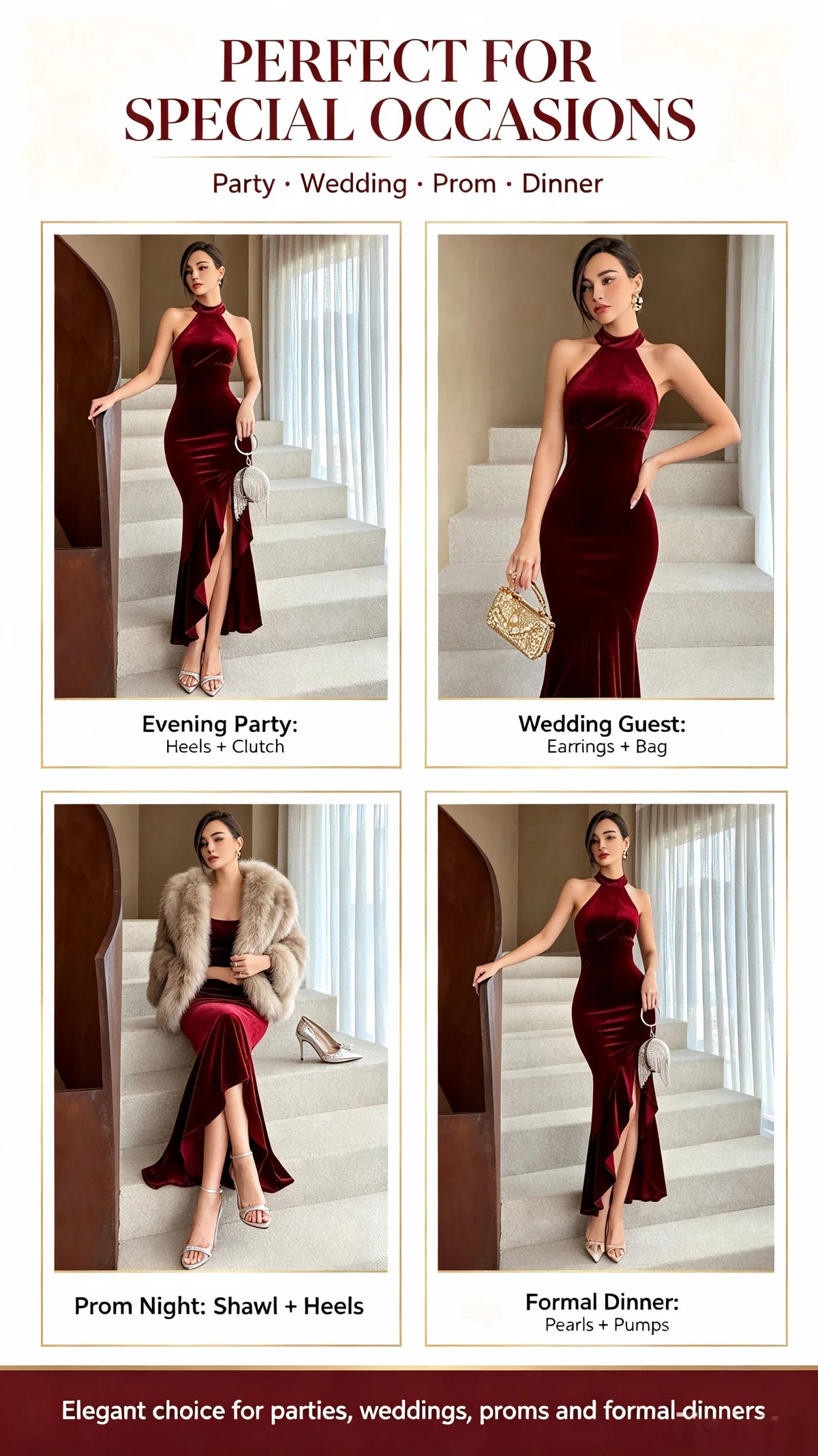 Burgundy Velvet Halter Neck Mermaid Evening Gown for Women