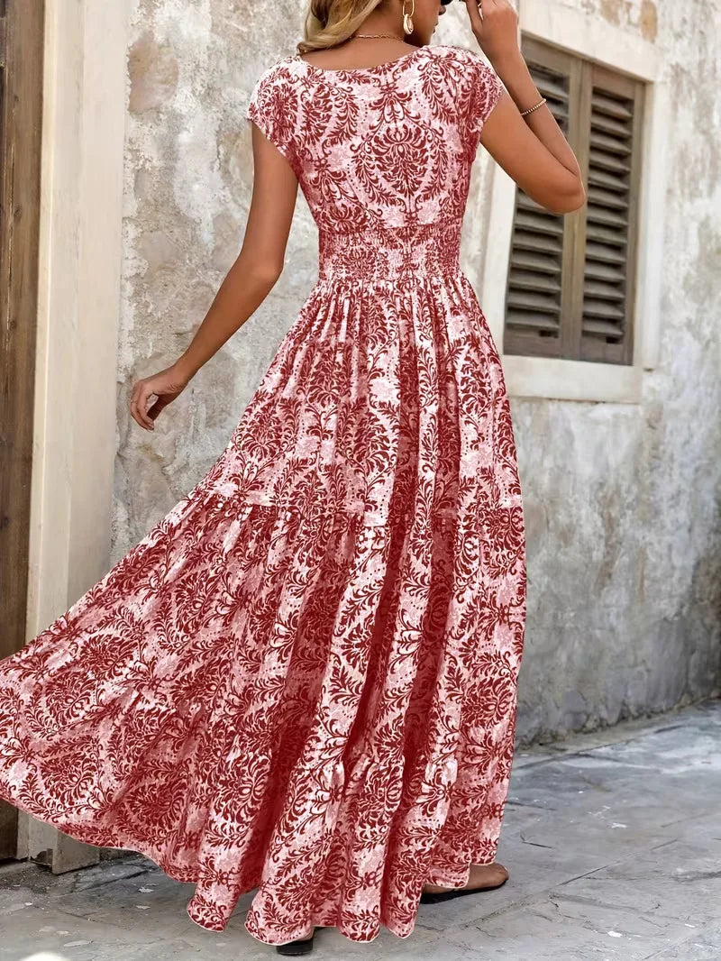 Bohemian Floral Printed V Neck Midi Dress For Women