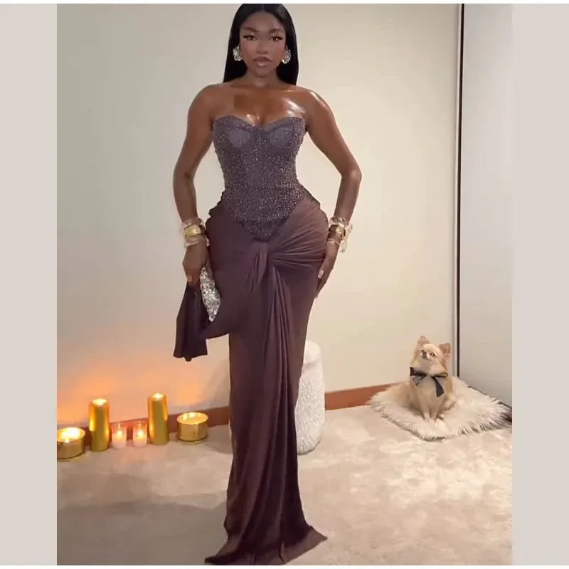 Solid Sexy Strapless Sequin Patchwork Dress Women Sleeveless Backless Cinched-waist Pleated Maxi Dresses Lady Party Evening Gown