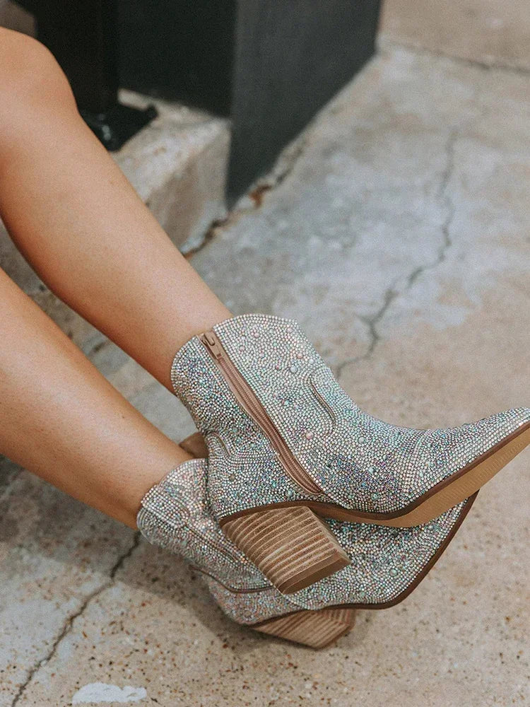 Glitter Western Ankle Boots With High Heels for Women