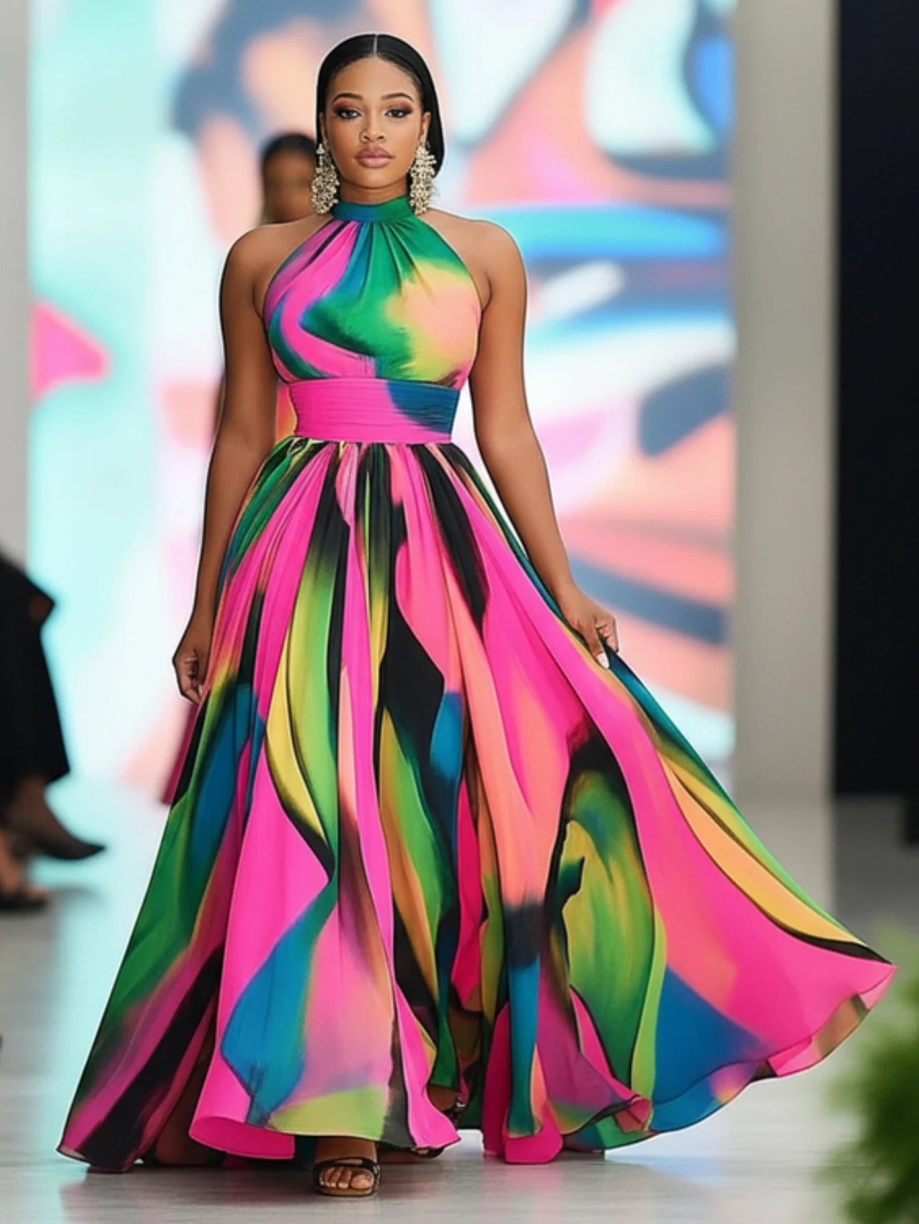 Women Halter Neck Printed Maxi Dress With High Front Slit For Runway Show Formal Evening Prom And Vacation Occasion