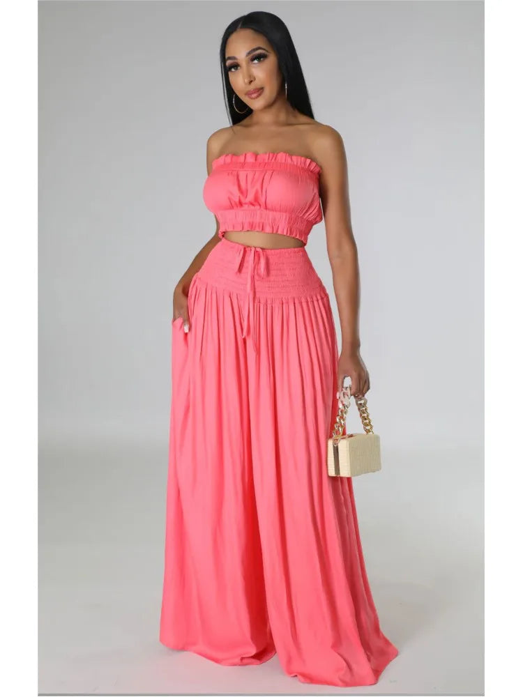 Lace Up Strapless Top Two Piece Pants Set for Women