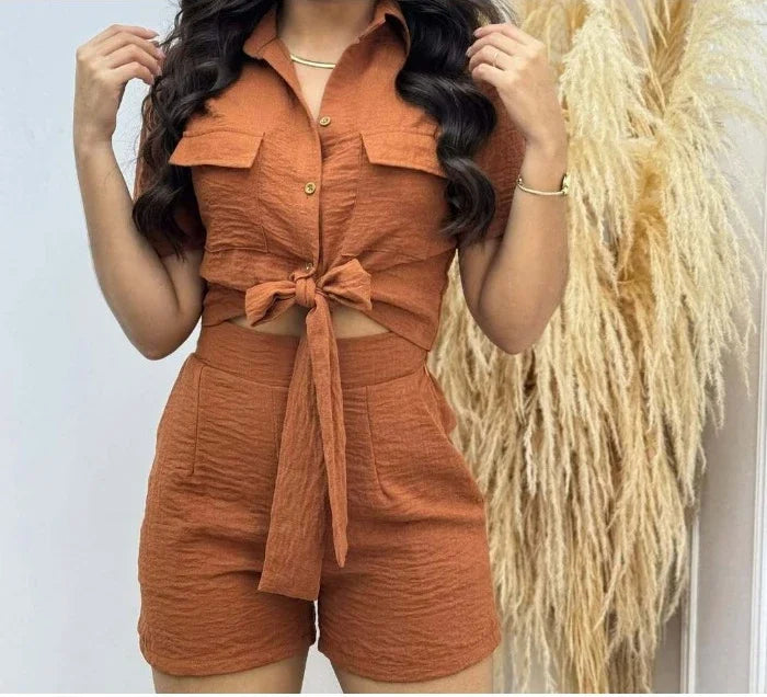 Casual Shorts 2 Piece Sets Woman Fashion Short Sleeved Lace Up Shirt and Half Pants Suit Streetwear 2025 New Spring and Summer