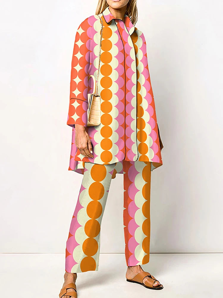 2022 Sets Womens Outfits Elegant Loungewear Print Spring Autumn 2PCS Ladies Suit Long Sleeve Wide Leg Pants Loose Fit Streetwear