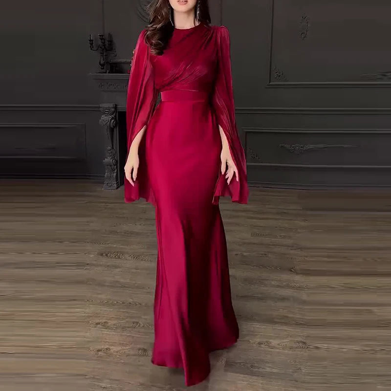 2024 New Women's O-neck Slim Satin Dress Fashion Patchwork High Waist Evening Dress Fall Elegant Solid Color Party Long Dresses