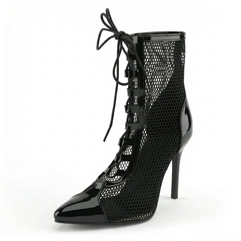 Breathable Mesh Pointy Toe Lace Up Thin Heel Ankle Boots for Women