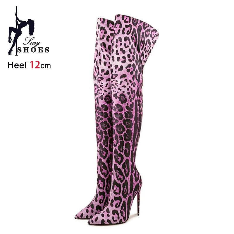 Purple Gradient Leopard Print Over-the-Knee Boots for Women