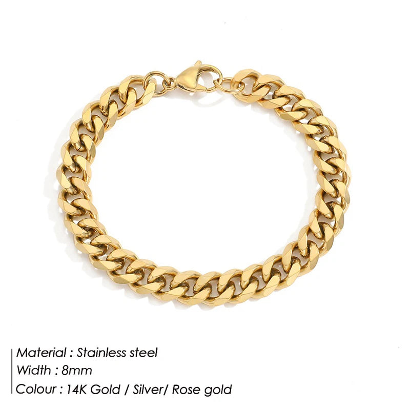 Gold Tone Stainless Steel Figaro Chain Bracelet for Women