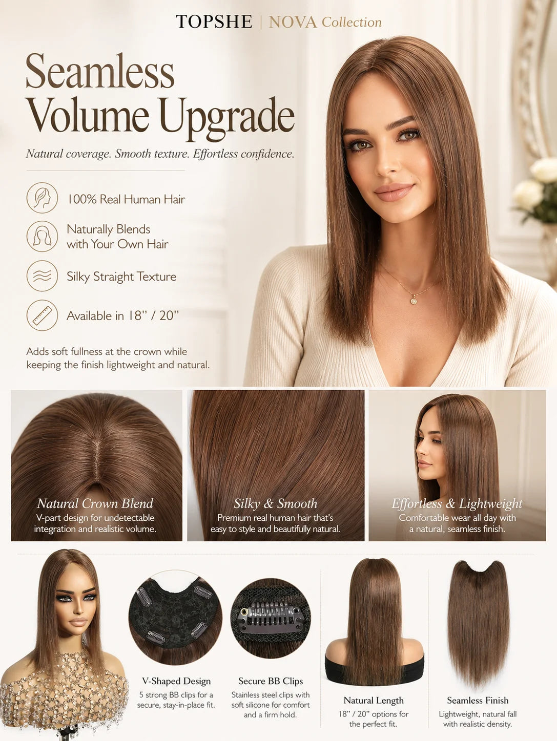 Natural Brown Straight V Part Human Hair Blend Topper for Women