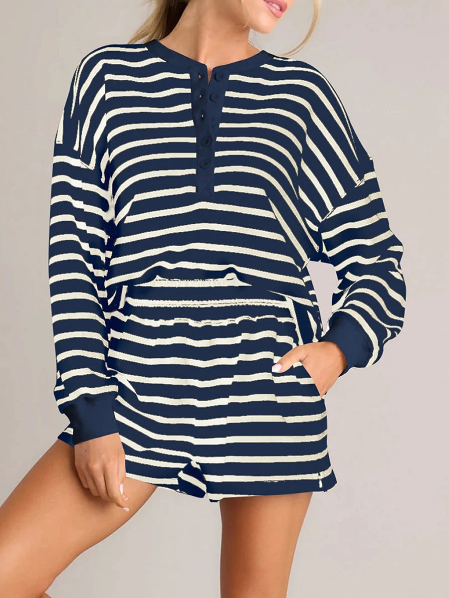 Women'S Striped Long Sleeved Shorts Set Long Sleeved T-Shirt With Elastic Waist Shorts Spring and Autumn Sports Set