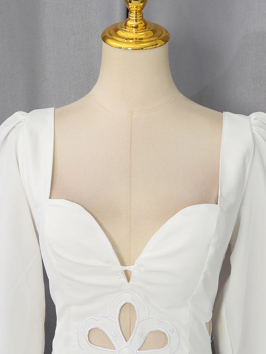 White Floral Cutout Puff Sleeve Gown With Asymmetric Train for Women