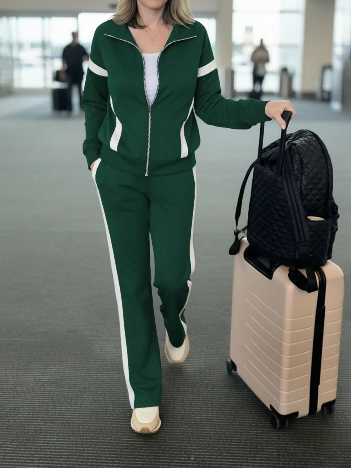 Contrast Long Sleeve Jacket And Striped Trousers Set for Women