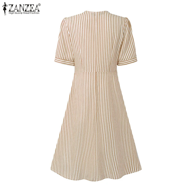 ZANZEA Women Elegant Striped Midi Dresses 2025 Summer Fashion V-Neck Short Puff Sleeve Fitted Waist A-Line Robes Femme Korean