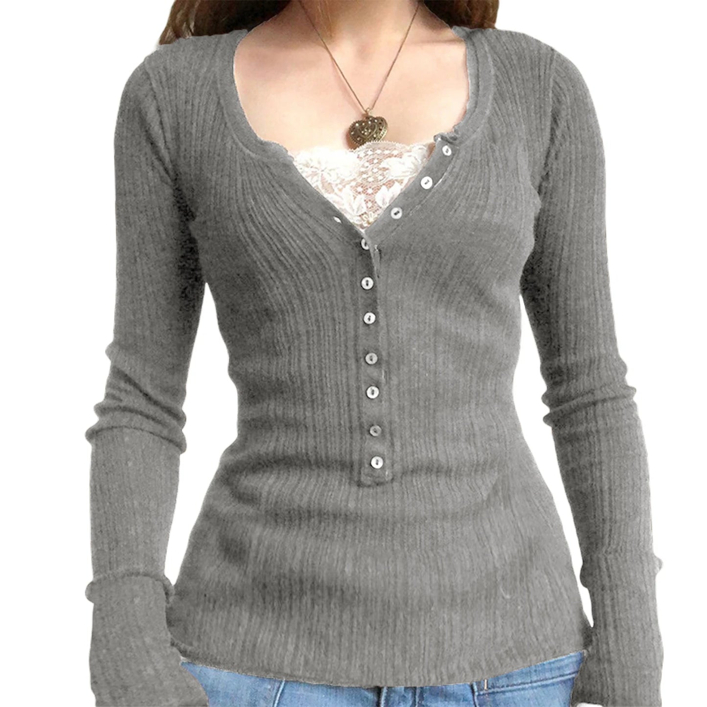Button Front Lace Patchwork Slim Fit Knit Top for Women