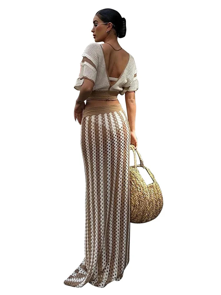 Wmstar Women Two Piece Set Sexy Elegant Knitted Crochet Beach Stripe Crop Tops Long Skirts Matching Set Holiday Birthday Outfits
