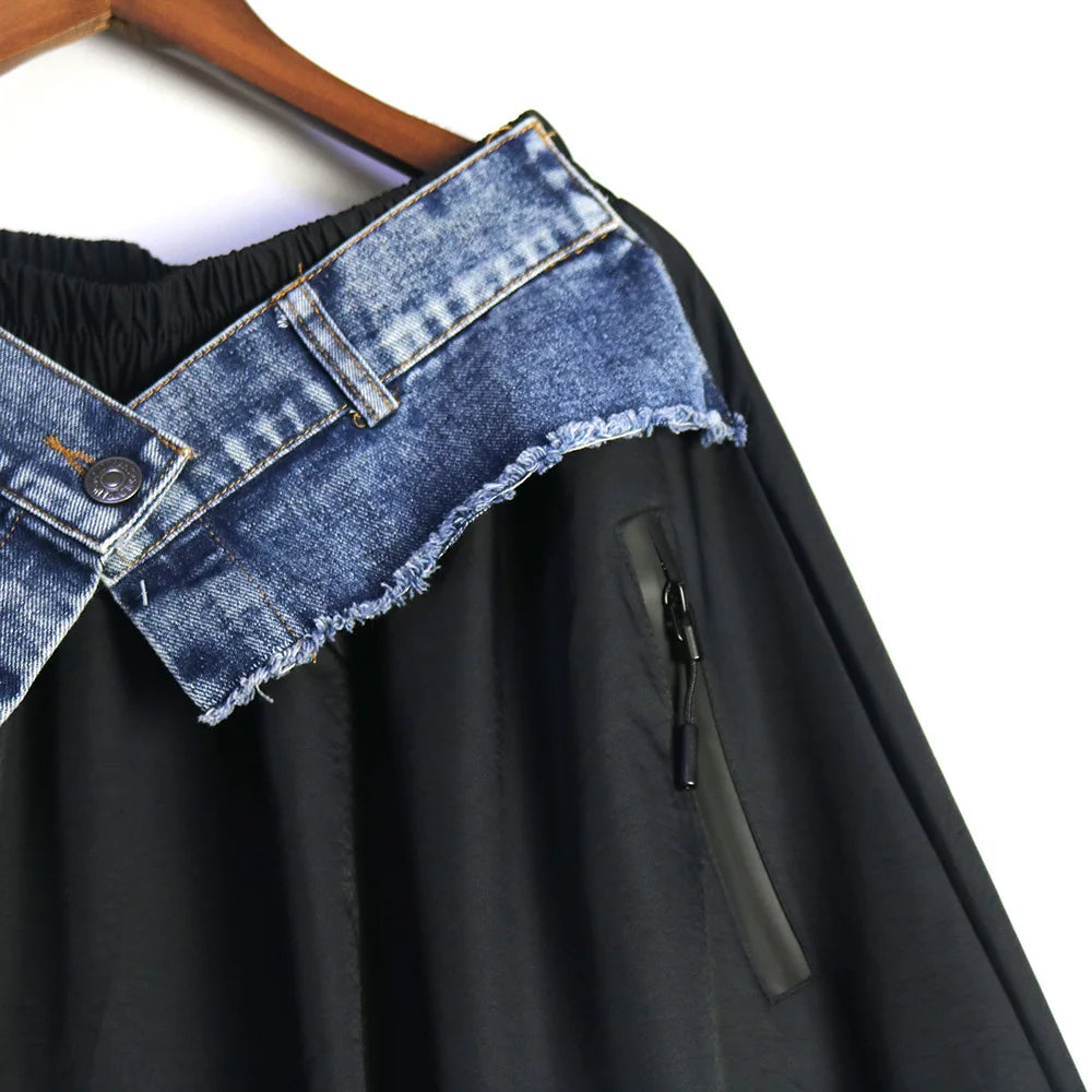 Casual Ankle-Length Spliced Denim with Contrast Color Skirt for Women