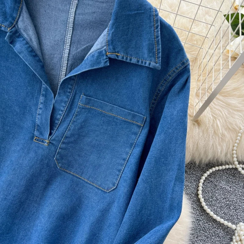 Vintage Long Sleeve Denim Shirt And Jeans Set for Women