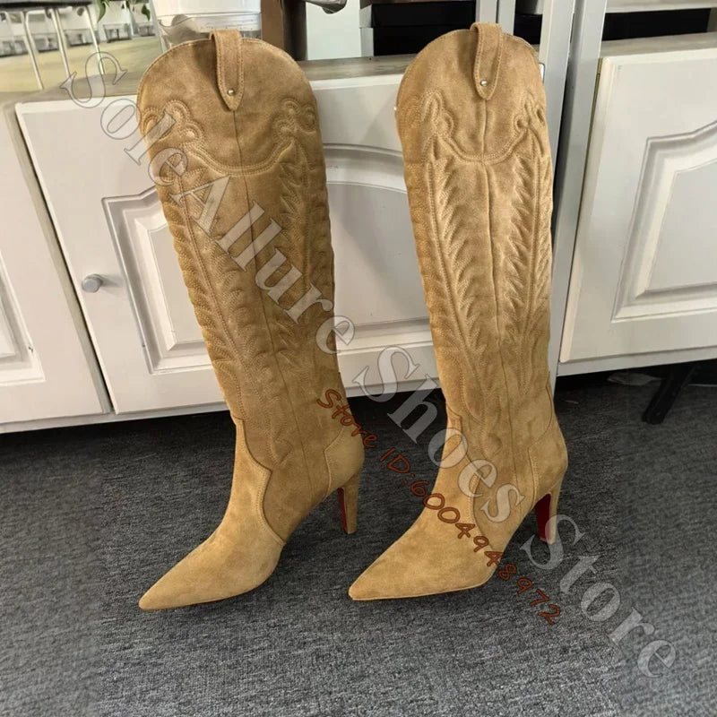 Black Embroidered Western Knee High Boots for Women