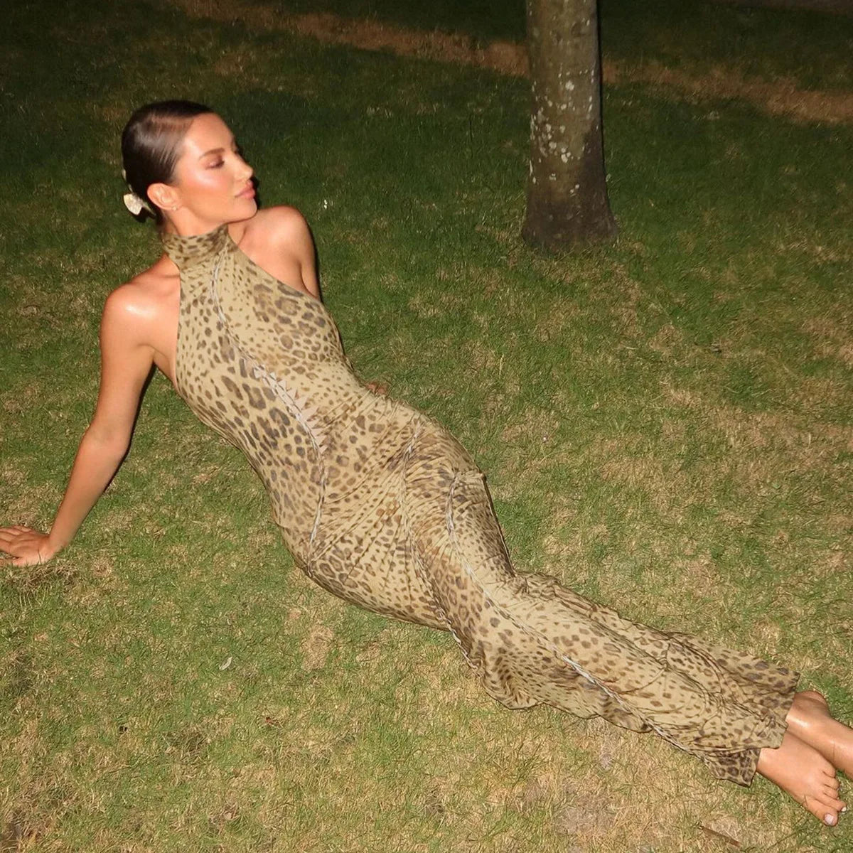 Halter Neck Leopard Print Backless Maxi Dress for Women
