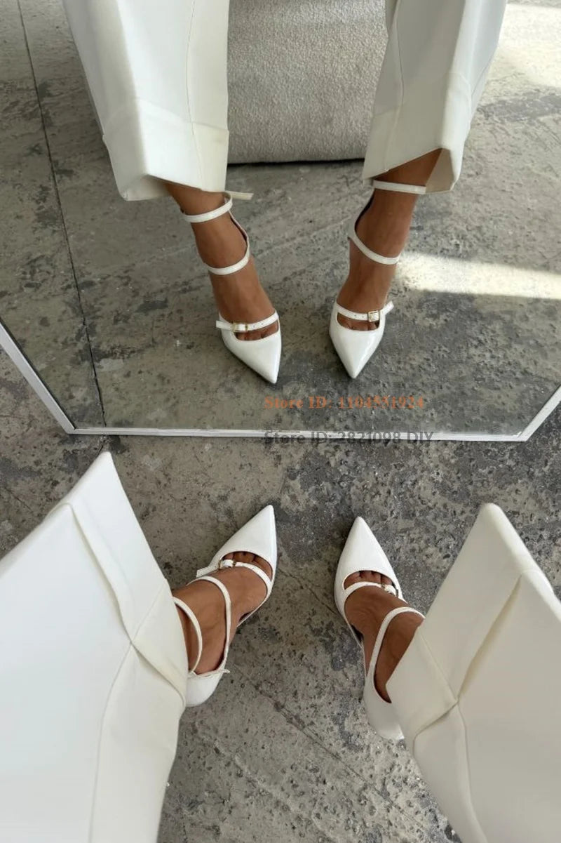 Patent Leather Pointed Toe Pumps With Three Belt Buckle Straps for Women