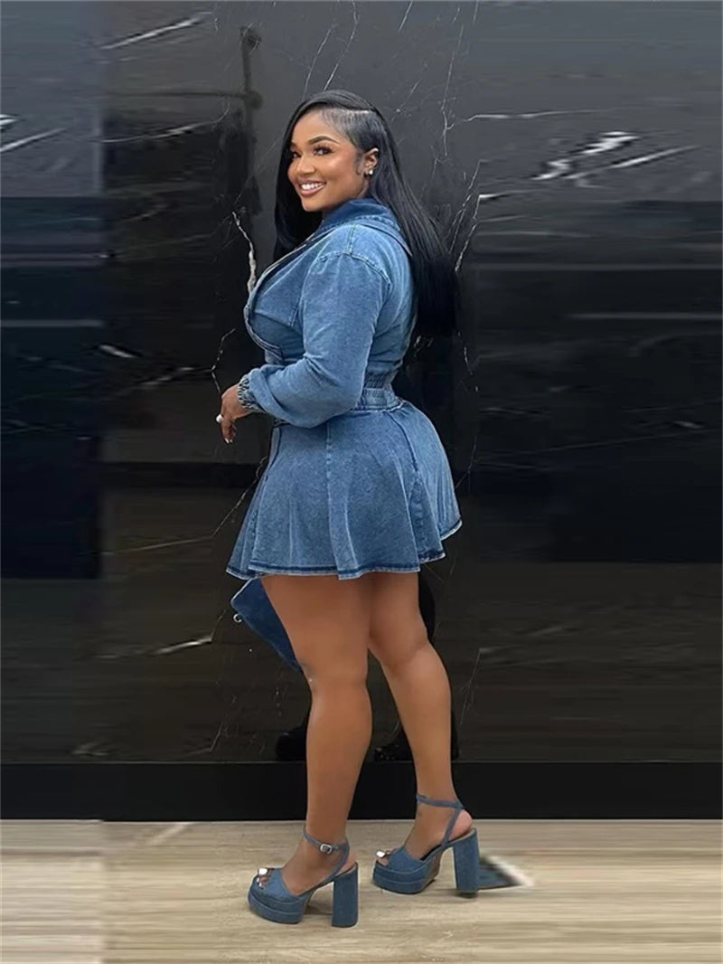 Hooded Denim Crop Top And Pleated Skirt Set for Women