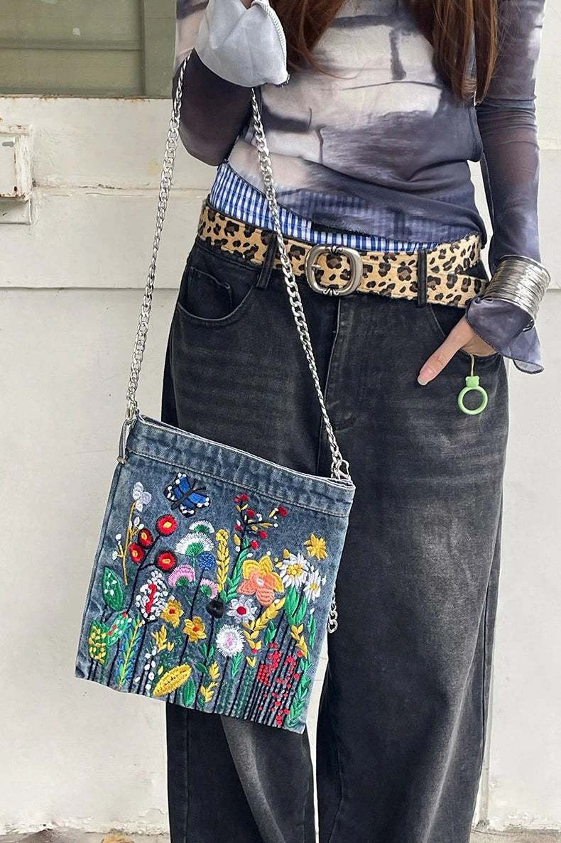 Embroidered Floral with Chain Shoulder Bag for Women