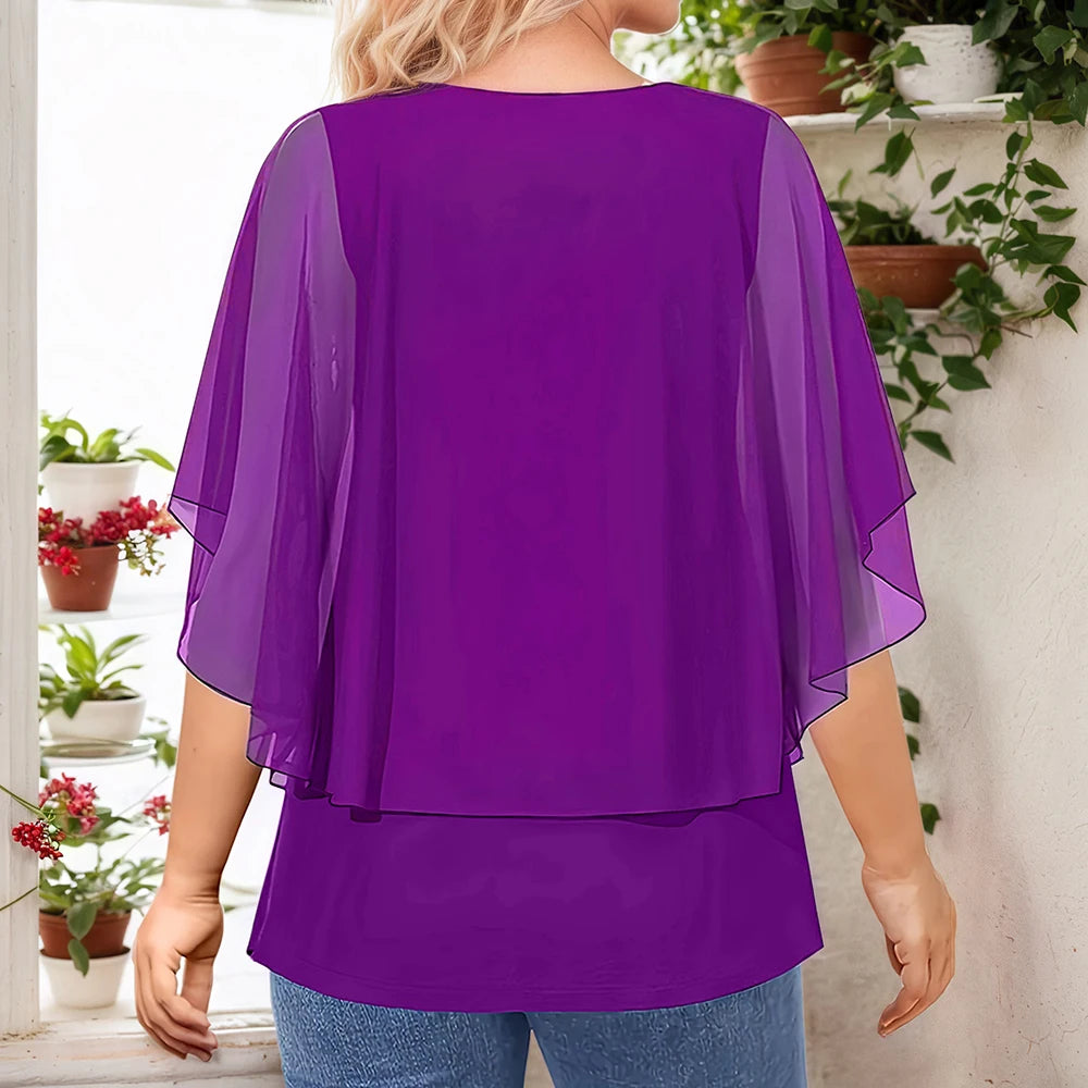 Women’s Plus Size Elegant Blouse Lace Patchwork 3/4 Sleeve Chiffon V-Neck Sequins Printed T-Shirt Double Layer Loose Female Tees