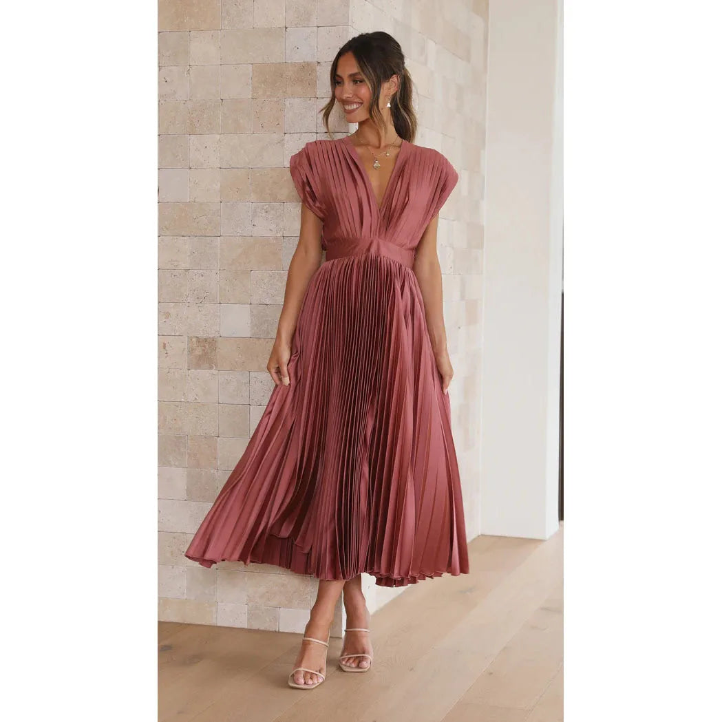 Elegance Draped V-Neck Pleated Skirt Dress 2025 Women Solid Strapless Backless Patchwork Loungewear Simple Maxi Dress