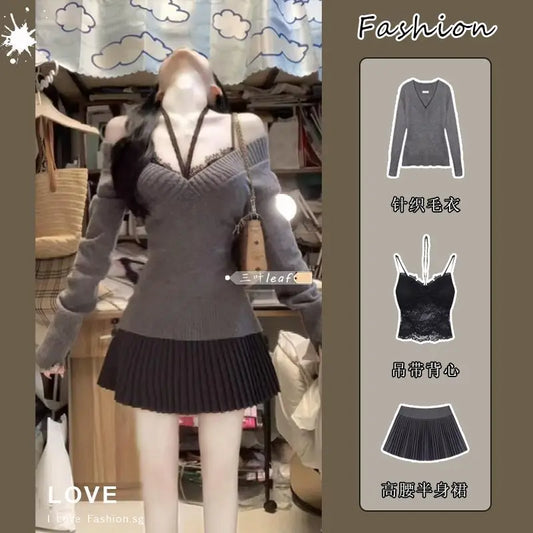 2025 New Spring and Autumn New Chinese Style Chest Show Big and Thin Top V-neck Sweater+Lace Inner+Short Skirt 3-Piece Set