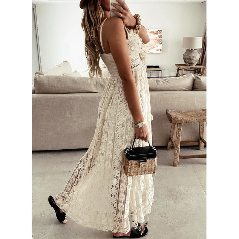 Lace White Sleeveless V Neck Flowy Ruffle Long Dress for Women