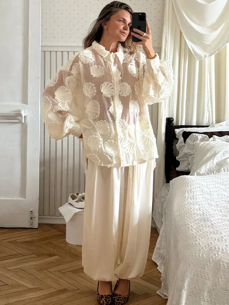 Elegant 3D Flower Lapel Long Sleeve Shirt for Women