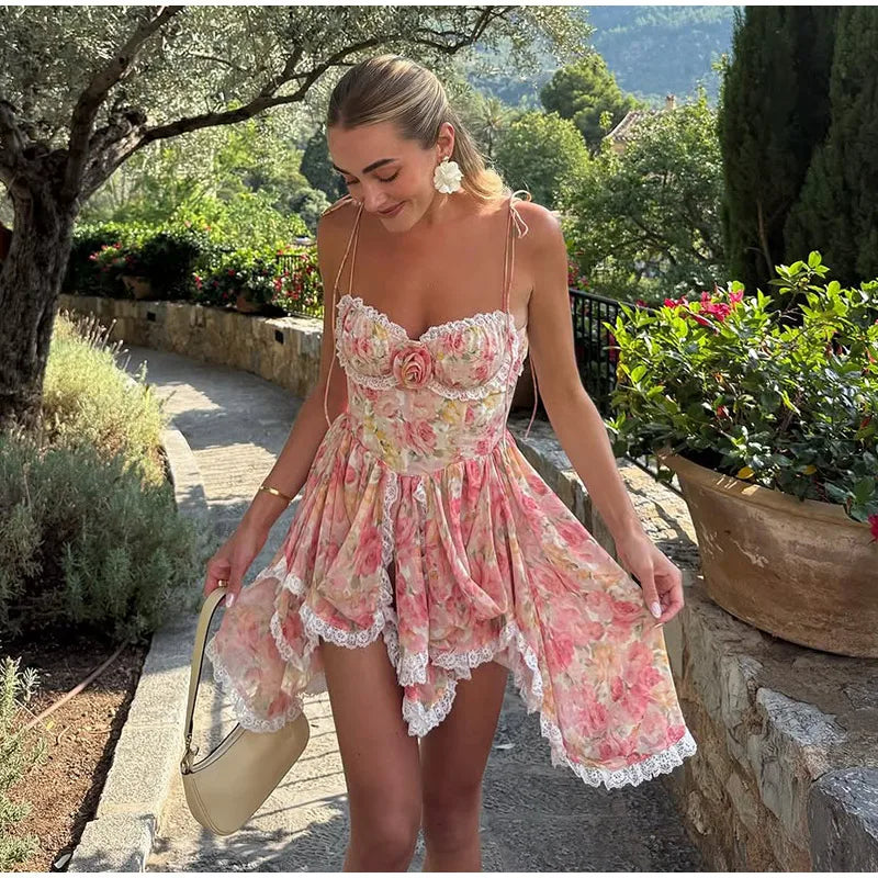 Floral Lace Backless Pleated Party Dress for Women