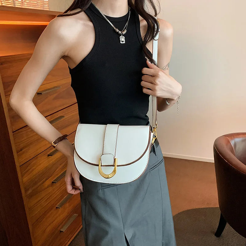 Solid Color Leather With Golden Hardware Saddle Shoulder Bag for Women