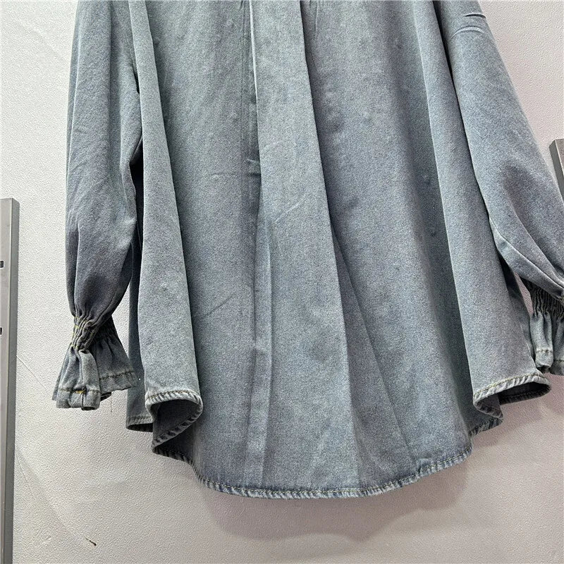 ANJY Autumn New Women Ins Shirt Studded Diamonds Distressed Denim Coat Pockets Single Breasted Elegant Vintage Casual Tops A9973