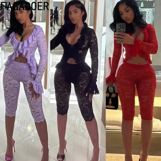 FAGADOER Sexy Lace See Through 2 Piece Sets Woman Outfit Mesh Hollow Out Crop Top and Shorts Suit Female Y2K Streetwear Clothing