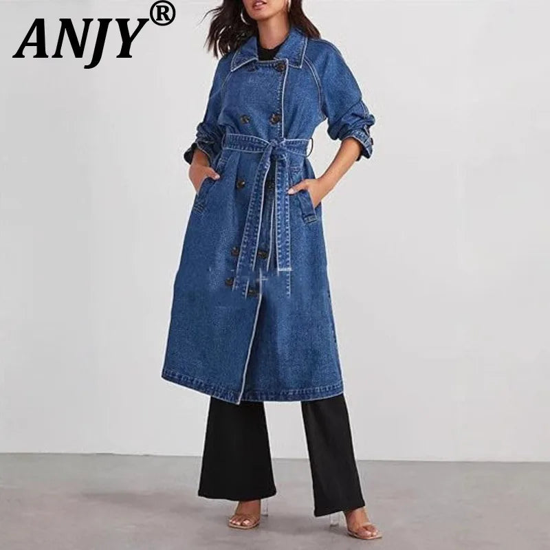 ANJY Autumn Winter New Women Fashion Elegant Denim Trench Coat Ins Streetwear Turn-Down Collar Lace-Up Button Long Jacket A13025