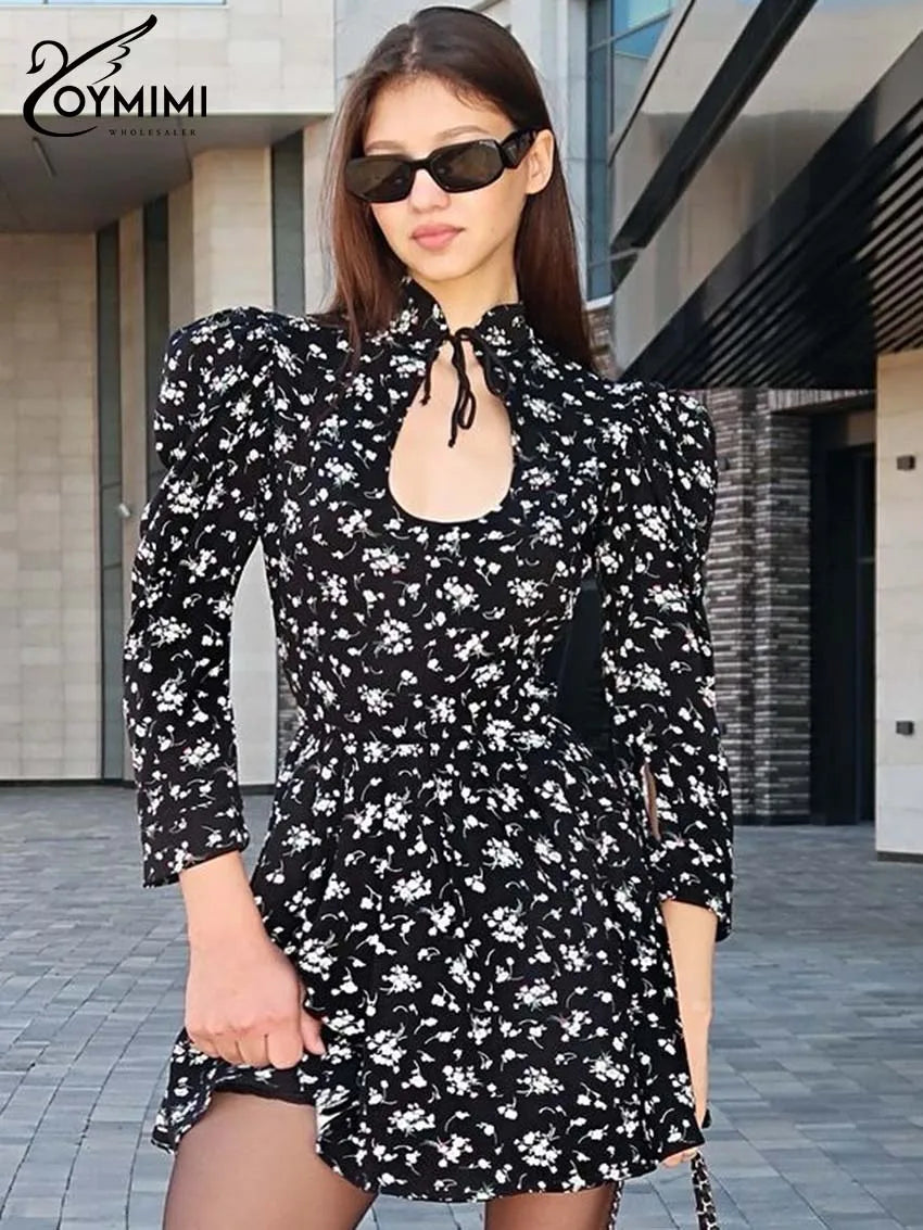 Oymimi Elegant Black White Womens Dresses Fashion Three Quarter Sleeve Hollow Out Dresses Casual High Waisted Mini Dress Female