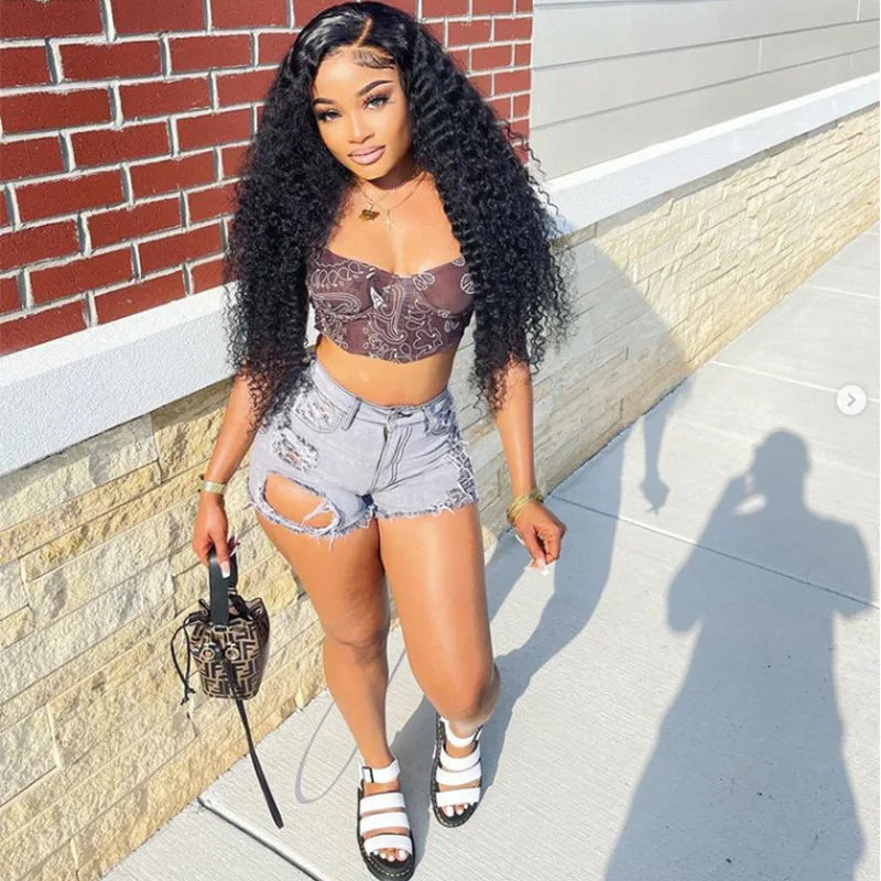 FAGADOER Gray Fashion Street Style Women High Waisted Button Denim Shorts Casual Female Solid Color Hole Matching Bottoms 2023