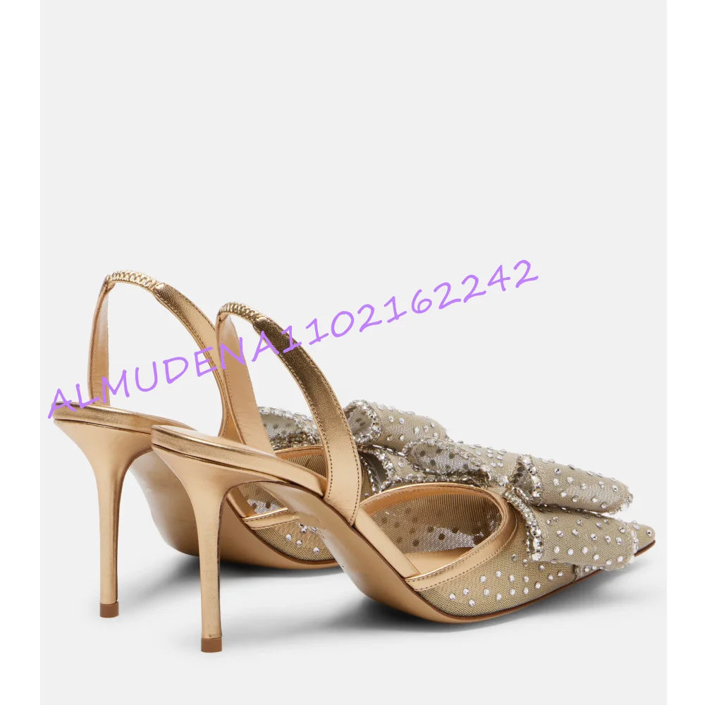 Rhinestone Bow Pointed Slingback Stiletto Heels for Women