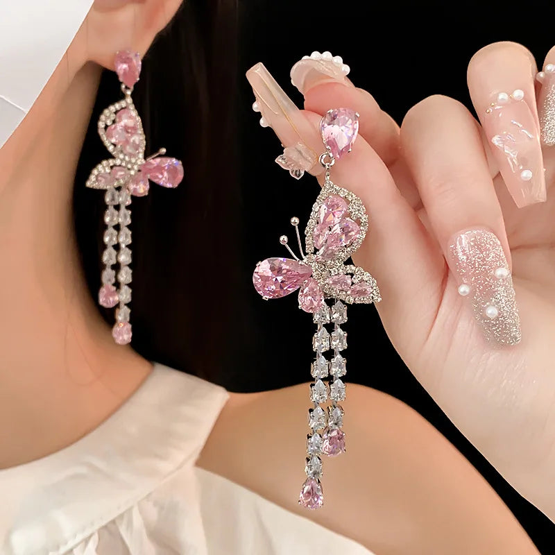 Pink Zircon Butterfly Tassel Earrings