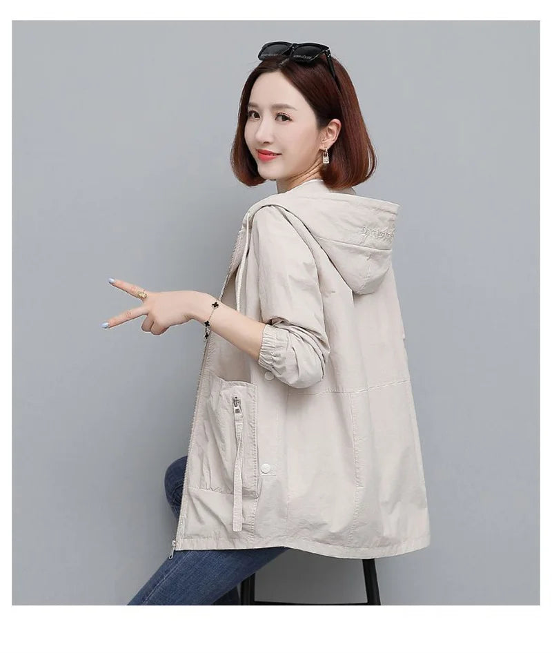 Lining Hooded Coat Female Spring And Autumn Temperament Short Jacket Casual Short Trench Coat Female Hooded Outwear Khaki